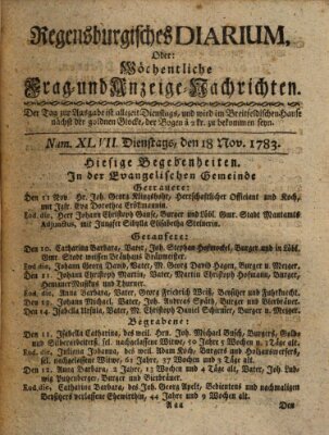 Regensburgisches Diarium oder wöchentliche Frag- und Anzeige-Nachrichten (Regensburger Wochenblatt) Dienstag 18. November 1783