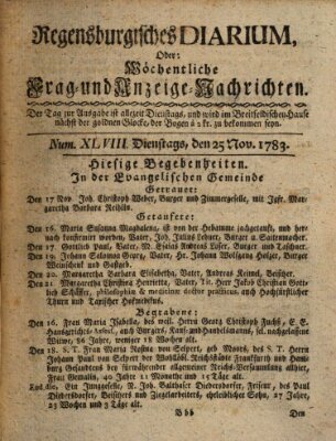 Regensburgisches Diarium oder wöchentliche Frag- und Anzeige-Nachrichten (Regensburger Wochenblatt) Dienstag 25. November 1783