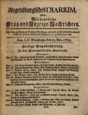 Regensburgisches Diarium oder wöchentliche Frag- und Anzeige-Nachrichten (Regensburger Wochenblatt) Dienstag 23. Dezember 1783