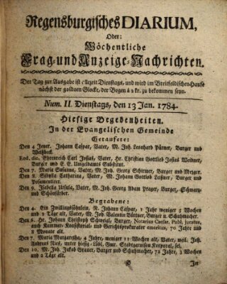 Regensburgisches Diarium oder wöchentliche Frag- und Anzeige-Nachrichten (Regensburger Wochenblatt) Dienstag 13. Januar 1784