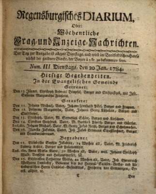 Regensburgisches Diarium oder wöchentliche Frag- und Anzeige-Nachrichten (Regensburger Wochenblatt) Dienstag 20. Januar 1784