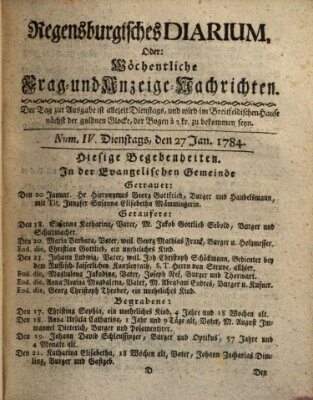 Regensburgisches Diarium oder wöchentliche Frag- und Anzeige-Nachrichten (Regensburger Wochenblatt) Dienstag 27. Januar 1784