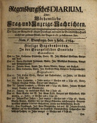 Regensburgisches Diarium oder wöchentliche Frag- und Anzeige-Nachrichten (Regensburger Wochenblatt) Dienstag 3. Februar 1784