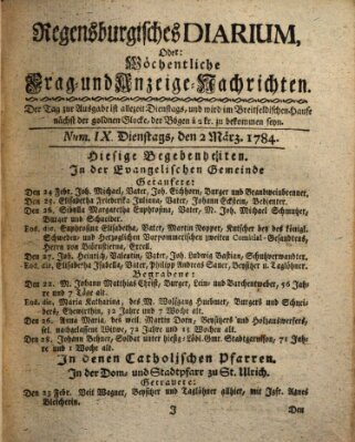 Regensburgisches Diarium oder wöchentliche Frag- und Anzeige-Nachrichten (Regensburger Wochenblatt) Dienstag 2. März 1784