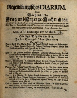 Regensburgisches Diarium oder wöchentliche Frag- und Anzeige-Nachrichten (Regensburger Wochenblatt) Dienstag 20. April 1784