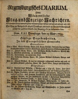 Regensburgisches Diarium oder wöchentliche Frag- und Anzeige-Nachrichten (Regensburger Wochenblatt) Dienstag 25. Mai 1784