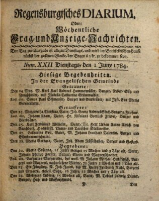 Regensburgisches Diarium oder wöchentliche Frag- und Anzeige-Nachrichten (Regensburger Wochenblatt) Dienstag 1. Juni 1784