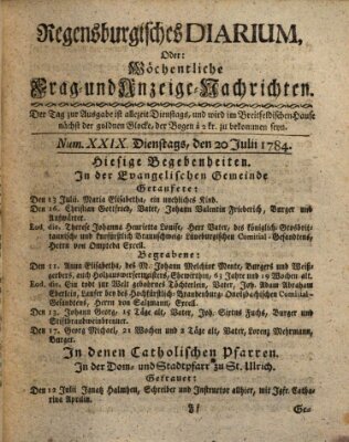 Regensburgisches Diarium oder wöchentliche Frag- und Anzeige-Nachrichten (Regensburger Wochenblatt) Dienstag 20. Juli 1784