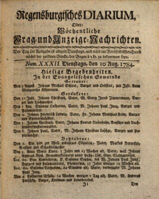 Regensburgisches Diarium oder wöchentliche Frag- und Anzeige-Nachrichten (Regensburger Wochenblatt) Dienstag 10. August 1784