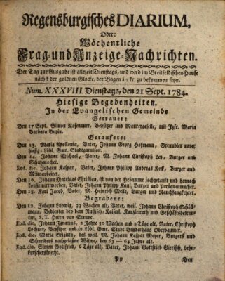 Regensburgisches Diarium oder wöchentliche Frag- und Anzeige-Nachrichten (Regensburger Wochenblatt) Dienstag 21. September 1784