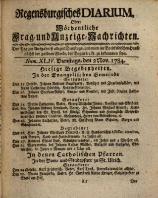 Regensburgisches Diarium oder wöchentliche Frag- und Anzeige-Nachrichten (Regensburger Wochenblatt) Dienstag 2. November 1784