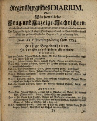 Regensburgisches Diarium oder wöchentliche Frag- und Anzeige-Nachrichten (Regensburger Wochenblatt) Dienstag 9. November 1784