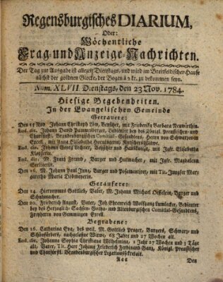 Regensburgisches Diarium oder wöchentliche Frag- und Anzeige-Nachrichten (Regensburger Wochenblatt) Dienstag 23. November 1784