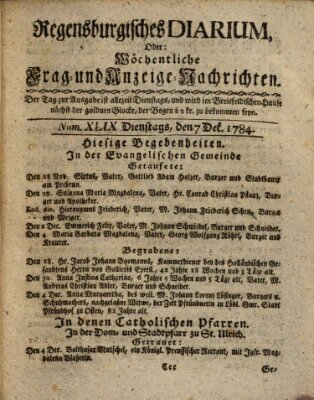 Regensburgisches Diarium oder wöchentliche Frag- und Anzeige-Nachrichten (Regensburger Wochenblatt) Dienstag 7. Dezember 1784