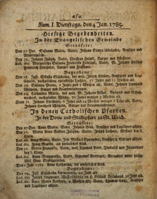 Regensburgisches Diarium oder wöchentliche Frag- und Anzeige-Nachrichten (Regensburger Wochenblatt) Dienstag 4. Januar 1785