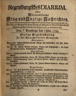 Regensburgisches Diarium oder wöchentliche Frag- und Anzeige-Nachrichten (Regensburger Wochenblatt) Dienstag 1. Februar 1785