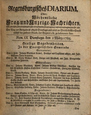 Regensburgisches Diarium oder wöchentliche Frag- und Anzeige-Nachrichten (Regensburger Wochenblatt) Dienstag 1. März 1785