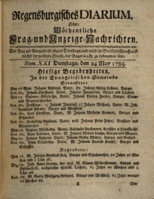 Regensburgisches Diarium oder wöchentliche Frag- und Anzeige-Nachrichten (Regensburger Wochenblatt) Dienstag 24. Mai 1785