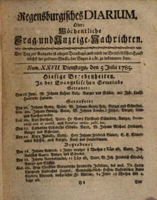 Regensburgisches Diarium oder wöchentliche Frag- und Anzeige-Nachrichten (Regensburger Wochenblatt) Dienstag 5. Juli 1785