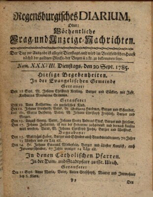 Regensburgisches Diarium oder wöchentliche Frag- und Anzeige-Nachrichten (Regensburger Wochenblatt) Dienstag 20. September 1785