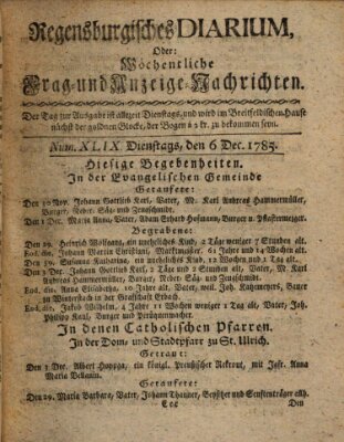 Regensburgisches Diarium oder wöchentliche Frag- und Anzeige-Nachrichten (Regensburger Wochenblatt) Dienstag 6. Dezember 1785