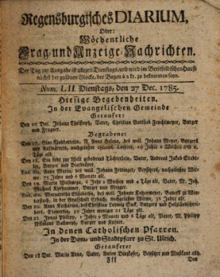 Regensburgisches Diarium oder wöchentliche Frag- und Anzeige-Nachrichten (Regensburger Wochenblatt) Dienstag 27. Dezember 1785