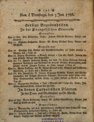 Regensburgisches Diarium oder wöchentliche Frag- und Anzeige-Nachrichten (Regensburger Wochenblatt) Dienstag 3. Januar 1786