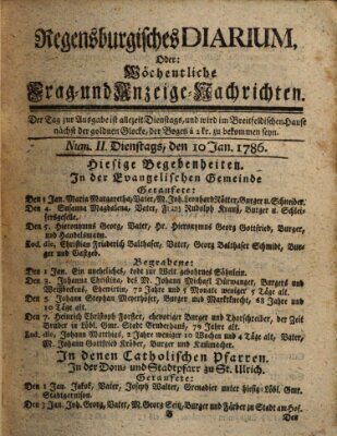 Regensburgisches Diarium oder wöchentliche Frag- und Anzeige-Nachrichten (Regensburger Wochenblatt) Dienstag 10. Januar 1786