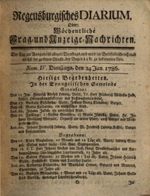 Regensburgisches Diarium oder wöchentliche Frag- und Anzeige-Nachrichten (Regensburger Wochenblatt) Dienstag 24. Januar 1786