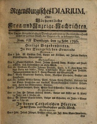 Regensburgisches Diarium oder wöchentliche Frag- und Anzeige-Nachrichten (Regensburger Wochenblatt) Dienstag 14. Februar 1786