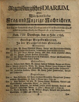 Regensburgisches Diarium oder wöchentliche Frag- und Anzeige-Nachrichten (Regensburger Wochenblatt) Dienstag 21. Februar 1786