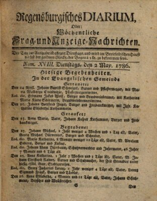 Regensburgisches Diarium oder wöchentliche Frag- und Anzeige-Nachrichten (Regensburger Wochenblatt) Dienstag 2. Mai 1786