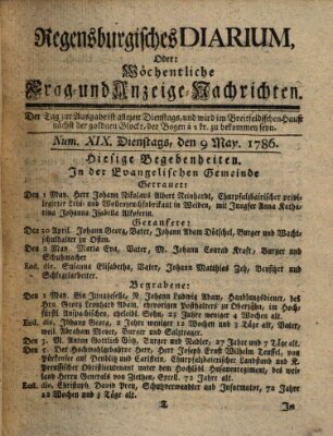 Regensburgisches Diarium oder wöchentliche Frag- und Anzeige-Nachrichten (Regensburger Wochenblatt) Dienstag 9. Mai 1786