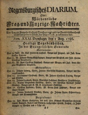 Regensburgisches Diarium oder wöchentliche Frag- und Anzeige-Nachrichten (Regensburger Wochenblatt) Dienstag 1. August 1786