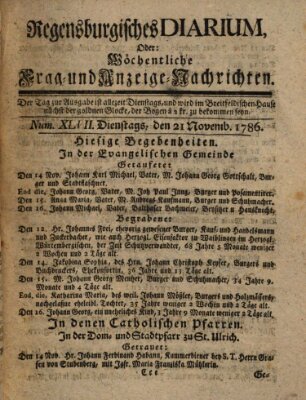 Regensburgisches Diarium oder wöchentliche Frag- und Anzeige-Nachrichten (Regensburger Wochenblatt) Dienstag 21. November 1786