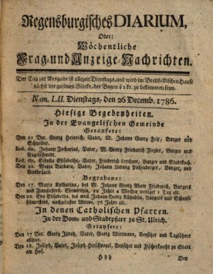 Regensburgisches Diarium oder wöchentliche Frag- und Anzeige-Nachrichten (Regensburger Wochenblatt) Dienstag 26. Dezember 1786