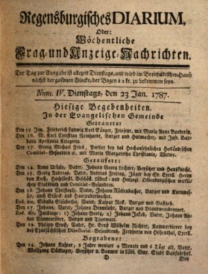 Regensburgisches Diarium oder wöchentliche Frag- und Anzeige-Nachrichten (Regensburger Wochenblatt) Dienstag 23. Januar 1787