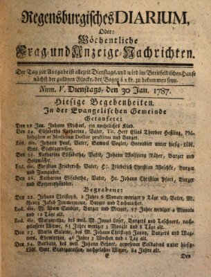 Regensburgisches Diarium oder wöchentliche Frag- und Anzeige-Nachrichten (Regensburger Wochenblatt) Dienstag 30. Januar 1787