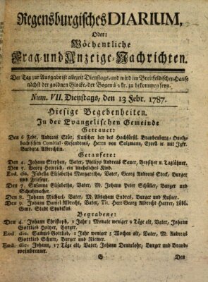 Regensburgisches Diarium oder wöchentliche Frag- und Anzeige-Nachrichten (Regensburger Wochenblatt) Dienstag 13. Februar 1787