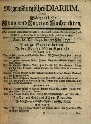 Regensburgisches Diarium oder wöchentliche Frag- und Anzeige-Nachrichten (Regensburger Wochenblatt) Dienstag 27. Februar 1787