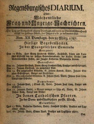 Regensburgisches Diarium oder wöchentliche Frag- und Anzeige-Nachrichten (Regensburger Wochenblatt) Dienstag 20. März 1787