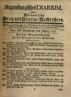 Regensburgisches Diarium oder wöchentliche Frag- und Anzeige-Nachrichten (Regensburger Wochenblatt) Dienstag 3. April 1787