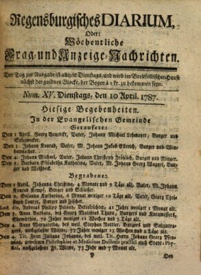 Regensburgisches Diarium oder wöchentliche Frag- und Anzeige-Nachrichten (Regensburger Wochenblatt) Dienstag 10. April 1787