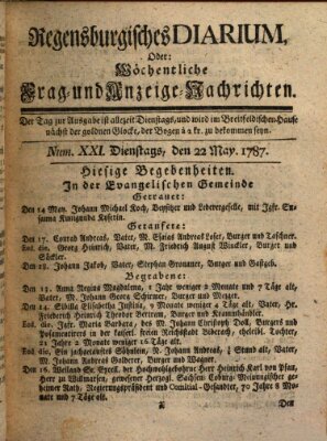 Regensburgisches Diarium oder wöchentliche Frag- und Anzeige-Nachrichten (Regensburger Wochenblatt) Dienstag 22. Mai 1787