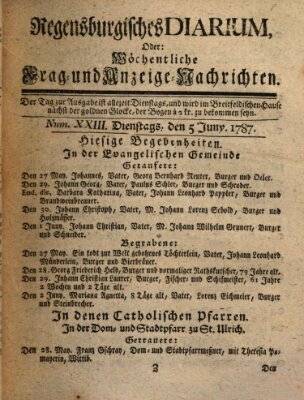 Regensburgisches Diarium oder wöchentliche Frag- und Anzeige-Nachrichten (Regensburger Wochenblatt) Dienstag 5. Juni 1787