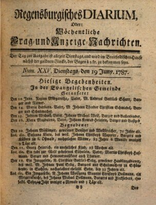 Regensburgisches Diarium oder wöchentliche Frag- und Anzeige-Nachrichten (Regensburger Wochenblatt) Dienstag 19. Juni 1787