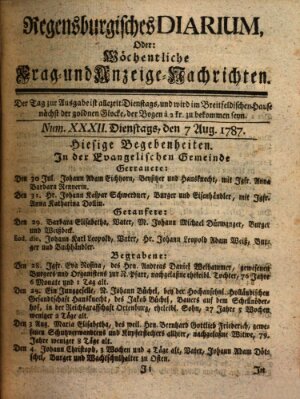 Regensburgisches Diarium oder wöchentliche Frag- und Anzeige-Nachrichten (Regensburger Wochenblatt) Dienstag 7. August 1787