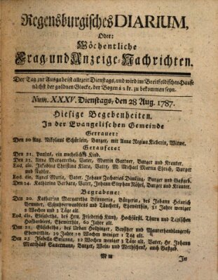 Regensburgisches Diarium oder wöchentliche Frag- und Anzeige-Nachrichten (Regensburger Wochenblatt) Dienstag 28. August 1787