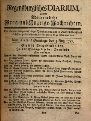 Regensburgisches Diarium oder wöchentliche Frag- und Anzeige-Nachrichten (Regensburger Wochenblatt) Dienstag 4. September 1787