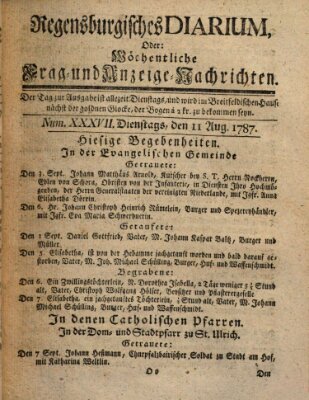 Regensburgisches Diarium oder wöchentliche Frag- und Anzeige-Nachrichten (Regensburger Wochenblatt) Dienstag 11. September 1787